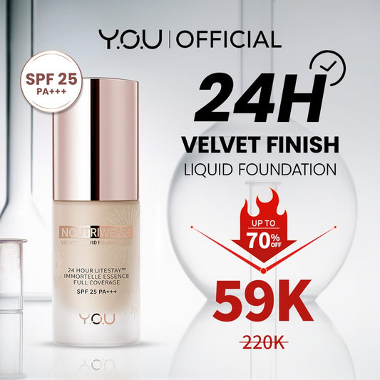 YOU 24H NoutriWear+ Velvet Liquid Foundation SPF Alas Bedak Perawatan Wajah Tahan Lama 24 Jam Full Coverage Kosmetik