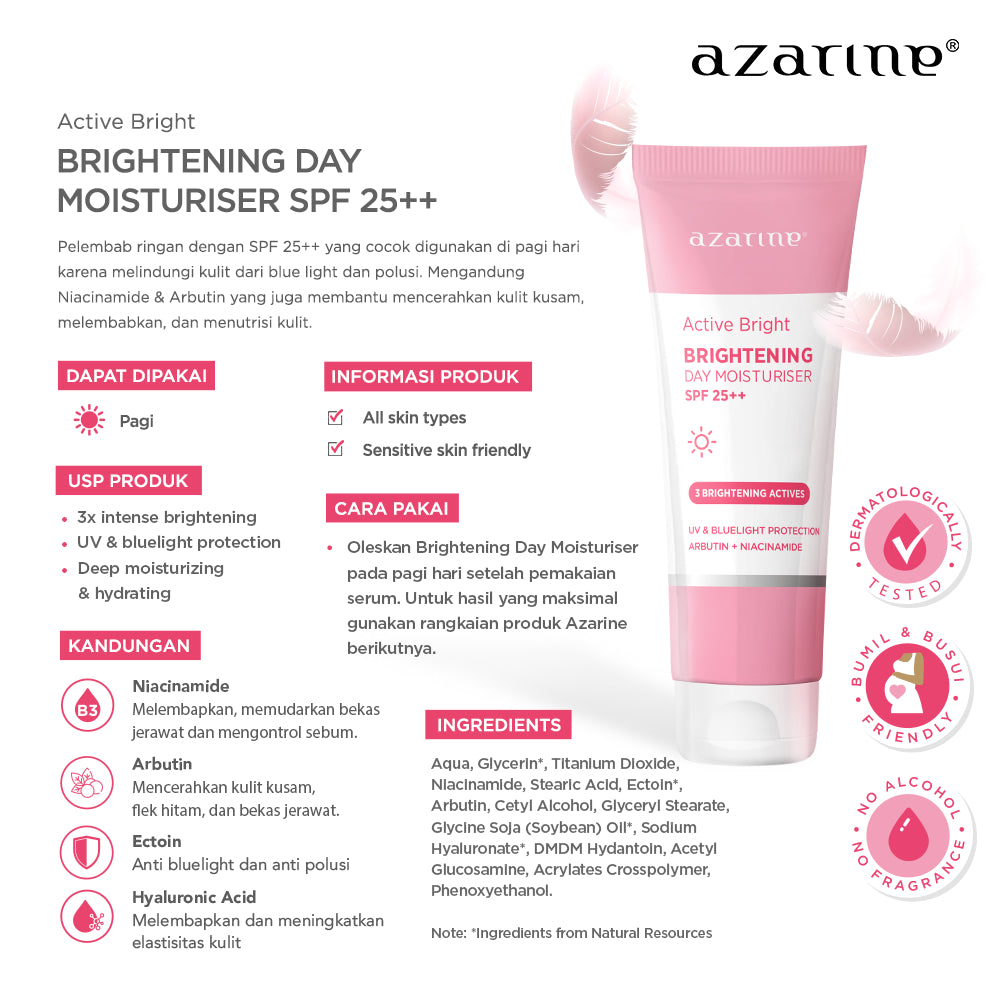 Azarine Daily Active Glow [2 PCS] Glowkiss Sunscreen Lip Balm + Active Bright Brightening Day Cream Pelembab Bibir SPF 35 PA +++ dengan Ceramide, Peptide, Vitamin C Membantu Mencerahkan Menghidrasi dan Melindungi Bibir dan Wajah dari Sinar UV