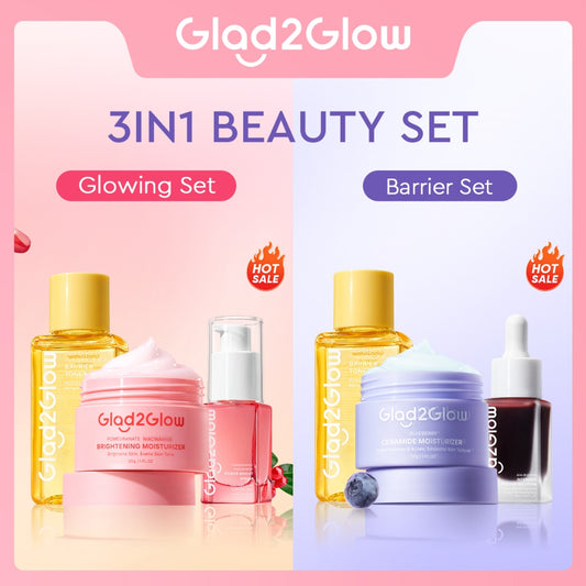 Glad2Glow 3pcs Paket Skincare- Moisturizer+Serum+Toner-Acne Kit Glowing Kit Dark Spot Barrier Bright bundle Beauty Sets Packages Mencerahkan warna kulit Menghilangkan jerawat penghalang perbaikan Mencerahkan bintik hitam Anti penuaang2glow official store