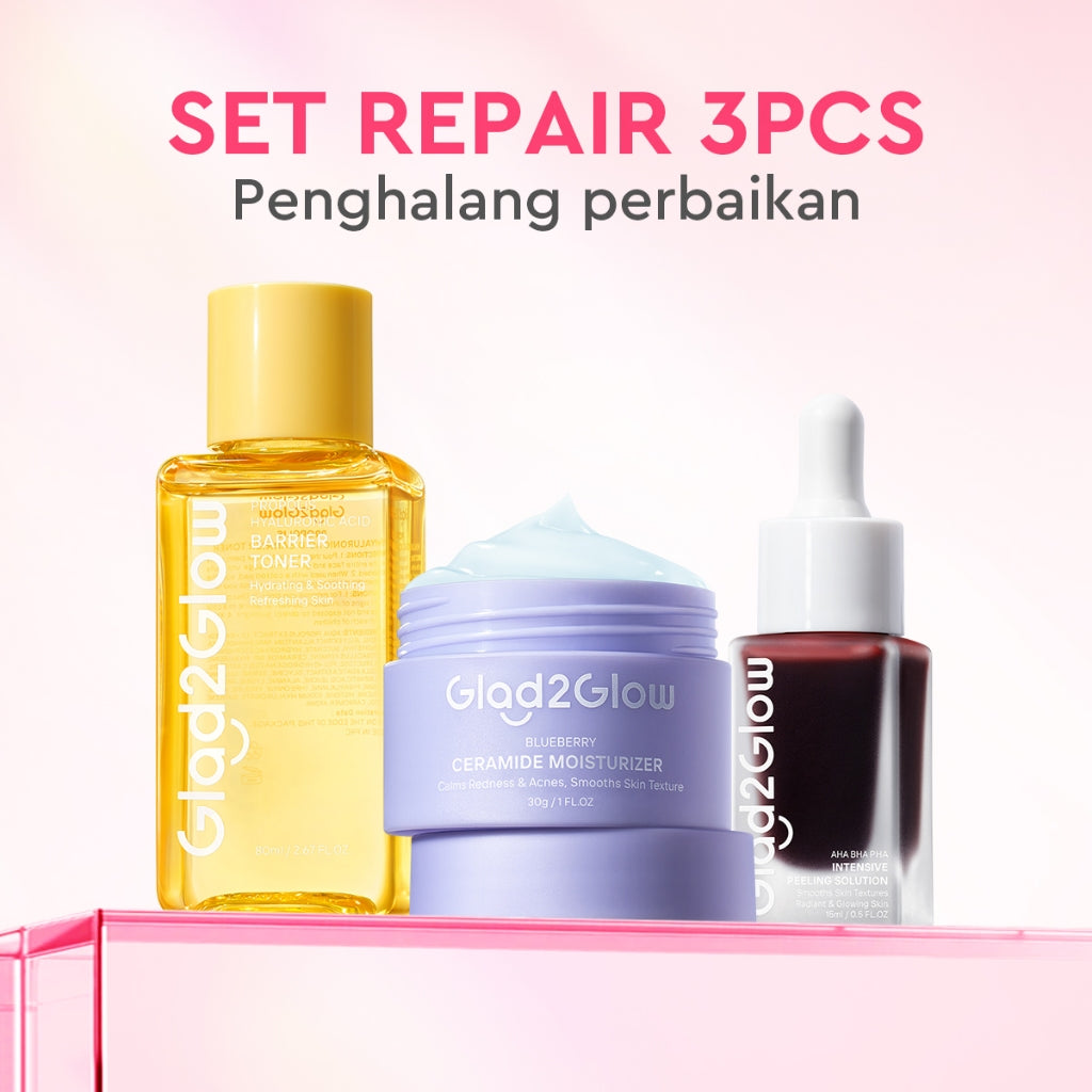 Glad2Glow 3pcs Paket Skincare- Moisturizer+Serum+Toner-Acne Kit Glowing Kit Dark Spot Barrier Bright bundle Beauty Sets Packages Mencerahkan warna kulit Menghilangkan jerawat penghalang perbaikan Mencerahkan bintik hitam Anti penuaang2glow official store