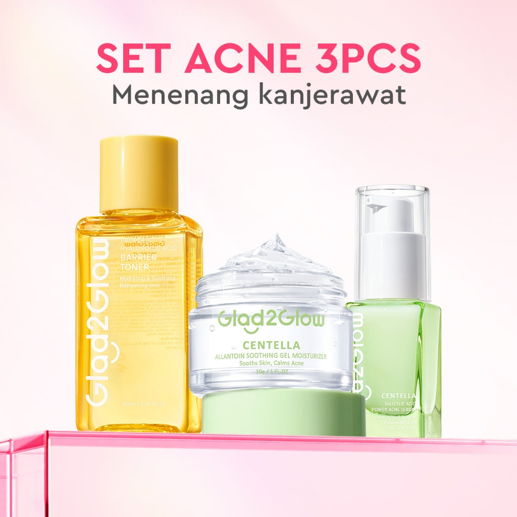 Glad2Glow 3pcs Paket Skincare- Moisturizer+Serum+Toner-Acne Kit Glowing Kit Dark Spot Barrier Bright bundle Beauty Sets Packages Mencerahkan warna kulit Menghilangkan jerawat penghalang perbaikan Mencerahkan bintik hitam Anti penuaang2glow official store