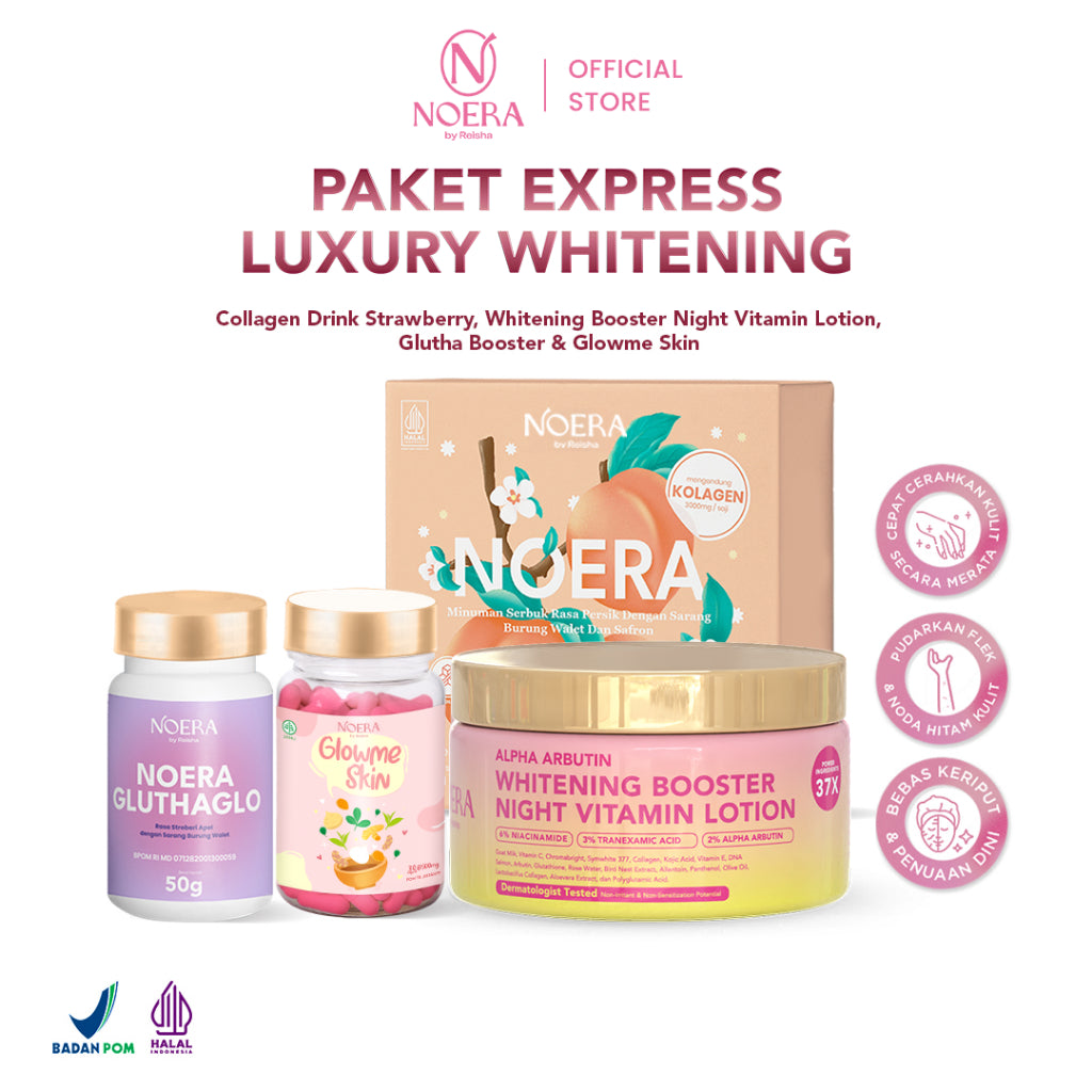 Noera Paket Express Luxury Whitening | Collagen Drink + Glow Me Skin + Glutha Booster + Whitening Booster Night Vitamin Lotion | Improved Formula