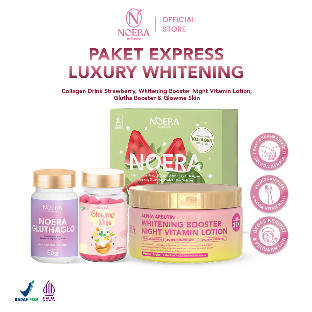 Noera Paket Express Luxury Whitening | Collagen Drink + Glow Me Skin + Glutha Booster + Whitening Booster Night Vitamin Lotion | Improved Formula