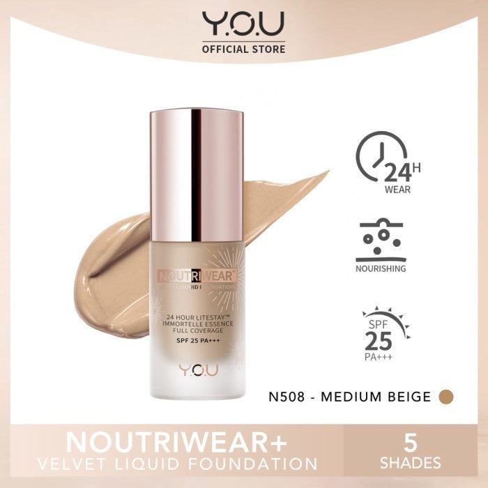 YOU 24H NoutriWear+ Velvet Liquid Foundation SPF Alas Bedak Perawatan Wajah Tahan Lama 24 Jam Full Coverage Kosmetik