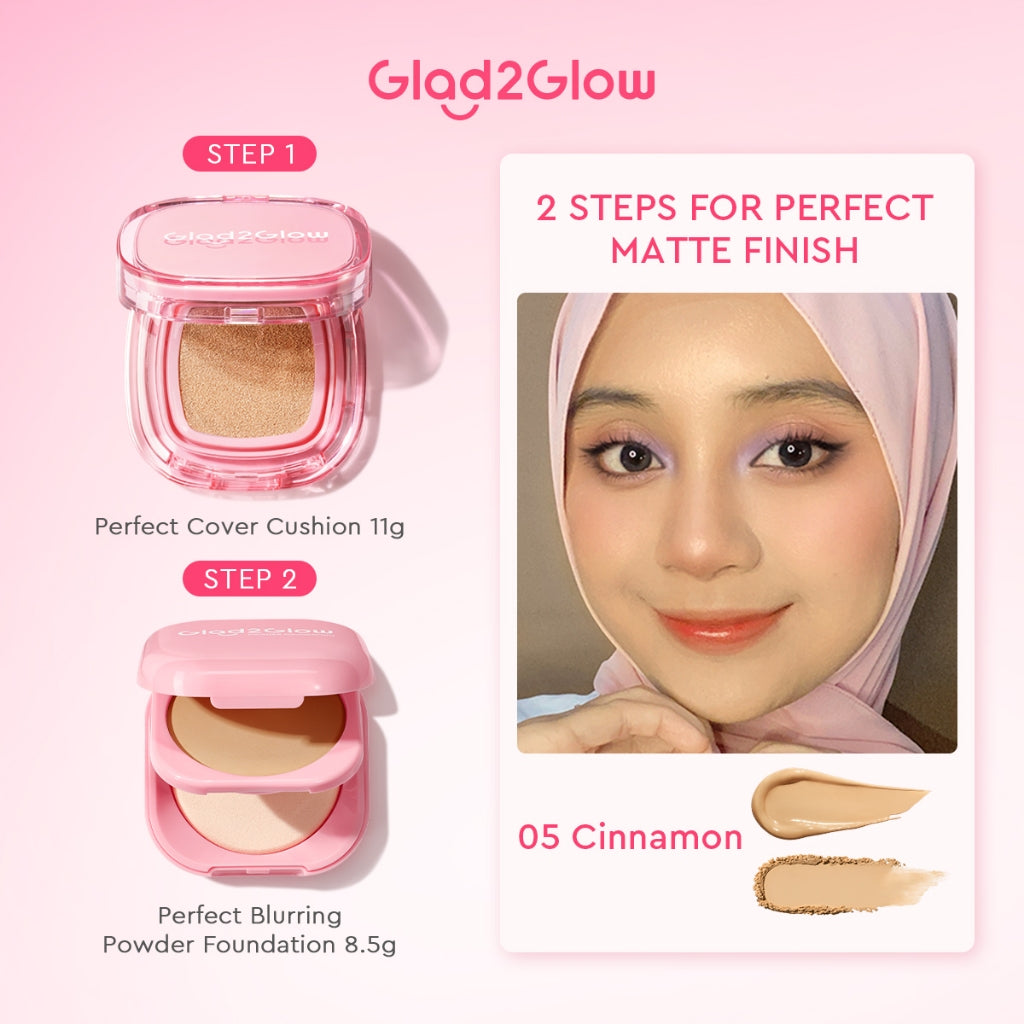 [ORDER NOW, HEMAT 35K]Glad2Glow Perfect Blurring Powder Foundation&Perfect Cover Cushion foundation  Setting waterproof Concealer Oil-Control matte Sweatproof Finish Poreless Highlighting Contouring Refill two way cake BB CC makeup g2glow official store