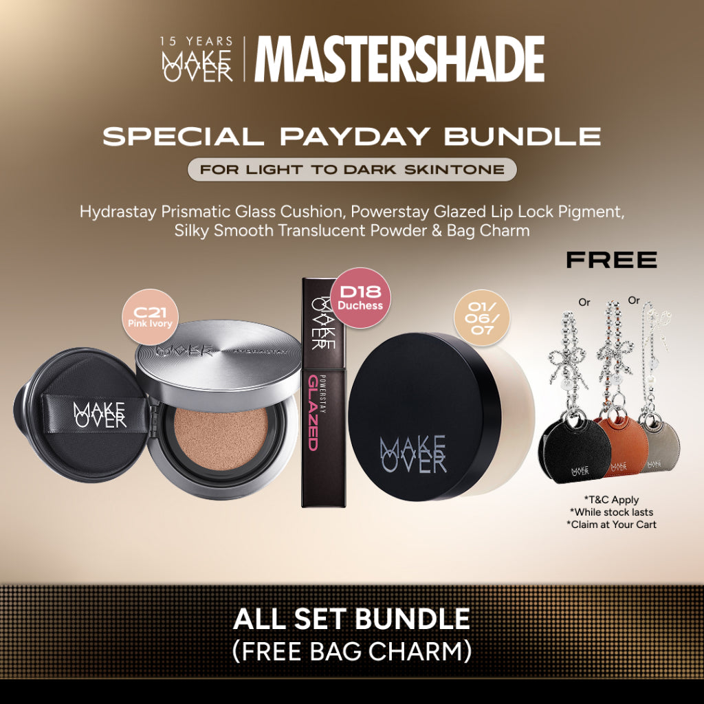 [SPECIAL PAYDAY | FREE BAG CHARM] All Set Bundle: Powerstay Sync Matte Cushion/Hydrastay Prismatic Glass Cushion + Silky Smooth Translucent Powder + Powerstay Glazed Lip Lock Pigment (FREE BAG CHARM HOJ SILVER/BROWN/BLACK)