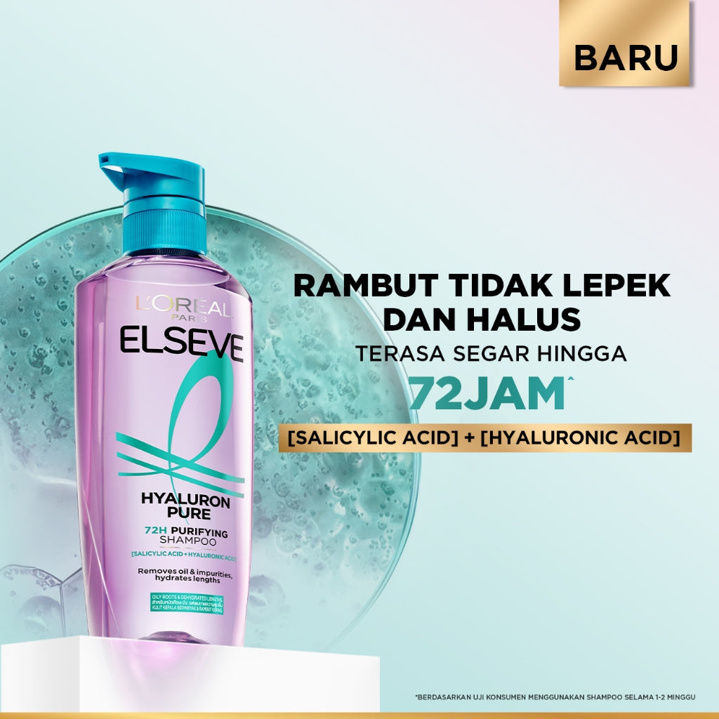 [NEW LAUNCH] L'Oreal Paris Hyaluron Pure 72H Purifying Shampoo - Perawatan Rambut Bebas Lepek dan Rambut Halus tahan hingga 72jam - Shampoo 400ml - Kulit Kepala Berminyak dan Rambut Kering