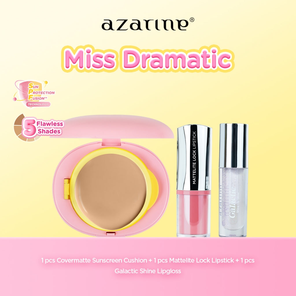Azarine Miss Dramatic Kit [3 PCS] Covermatte Cushion + Mattelite Lock Lipstick + Galactic Shine Gloss Melembabkan Menutrisi Bibir Kering Pigmented Color Lightweight Transferproof Smudgeproof Cushion Tahan Lama Flawless Matte Finish Lightw