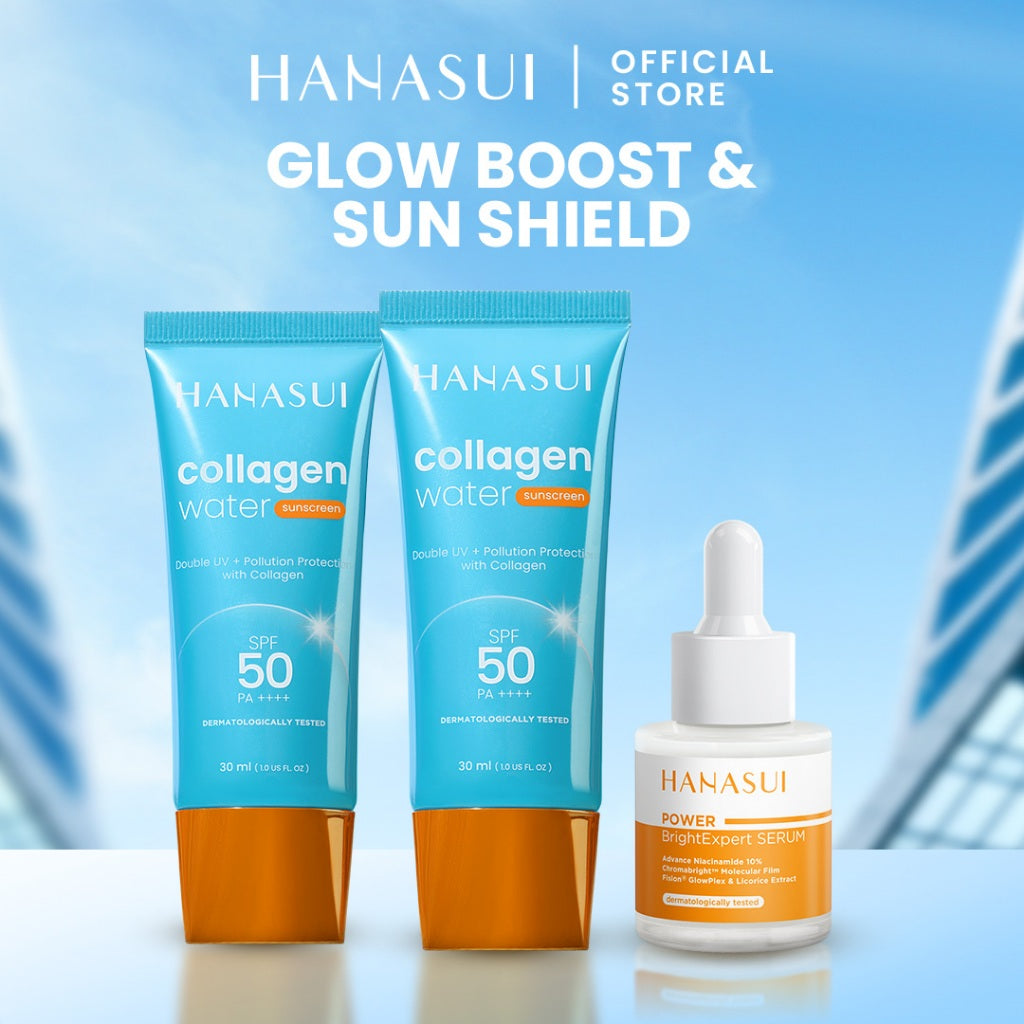 Hanasui Skincare Set | Collagen Water Sunscreen SPF 50 Power Bright Expert Serum Exfoliating Serum Ceramide Probiotics Moisturizer Gel Wajah Mencerahkan