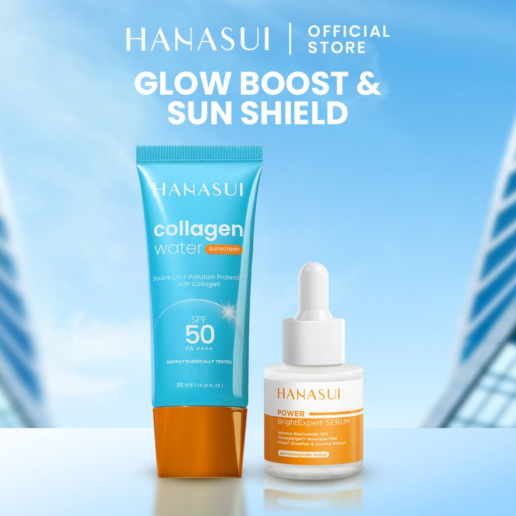 Hanasui Skincare Set | Collagen Water Sunscreen SPF 50 Power Bright Expert Serum Exfoliating Serum Ceramide Probiotics Moisturizer Gel Wajah Mencerahkan