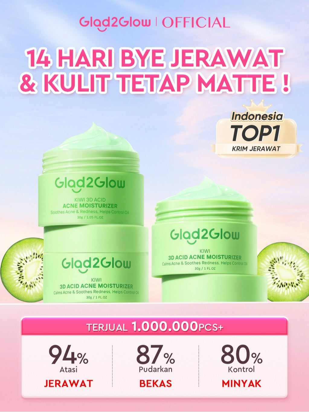 GLAD2GLOW Kiwi 3D Acid Acne Moisturizer Pelembab Wajah Jerawat Mencerahkan Pencerah Wajah&Penuaan Hilangkan Flek & Tenangkan Kulit Skincare Pelembab Esensi Wajah Perawatan Kulit Pelembab Wajah Pembersih day cream tone up g2g official store