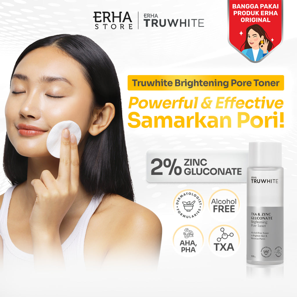 ERHA Truwhite Brightening Pore Toner 100 mL with 2% Zinc Gluconate, Tranexamic Acid & Niacinamide - Toner Pencerah Wajah yang Kuat serta Efektif Kecilkan & Samarkan Pori dengan AHA PHA dan Alkohol Free