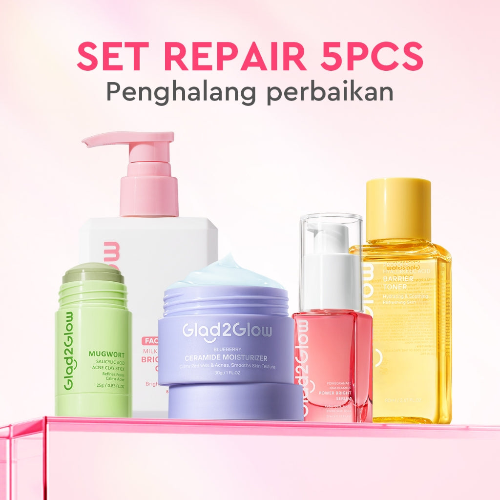 Glad2Glow bundle 5in1 paket Skincare- Moisturizer+Serum+Cleanser+Toner+ Clay Stick- Face Wash  Glowing Kit Dark Spot Acne Kit Mencerahkan warna kulit Menghilangkan jerawat Anti penuaan Mencerahkan bintik hitam Beauty Sets & Packages g2glow official store