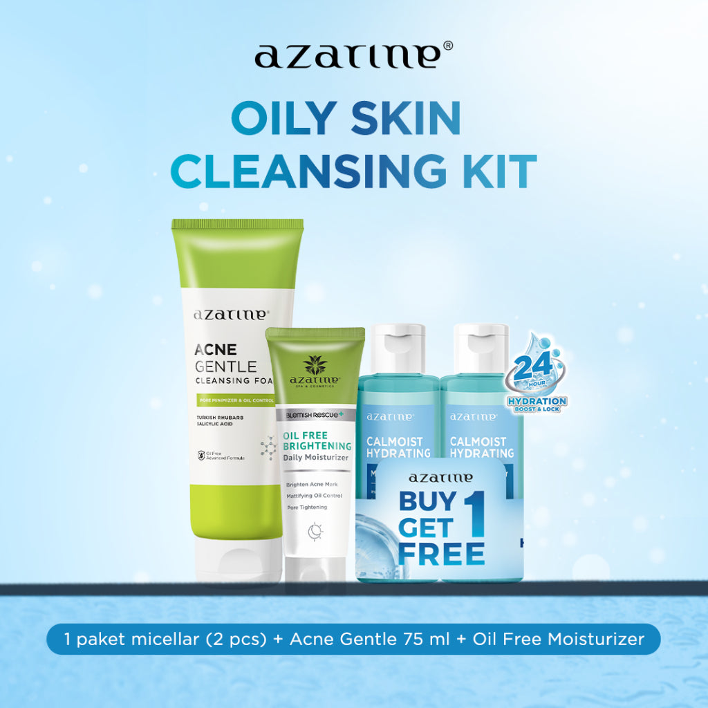 Azarine Oily Skin Cleansing Kit [3 PCS] Calmoist Micellar Water + Oil Free Moisturizer + Acne Gentle Face Wash Kulit Berminyak Pembersih Wajah Tanpa Residu Menghidrasi Kulit dan Tidak Pedih di Mata