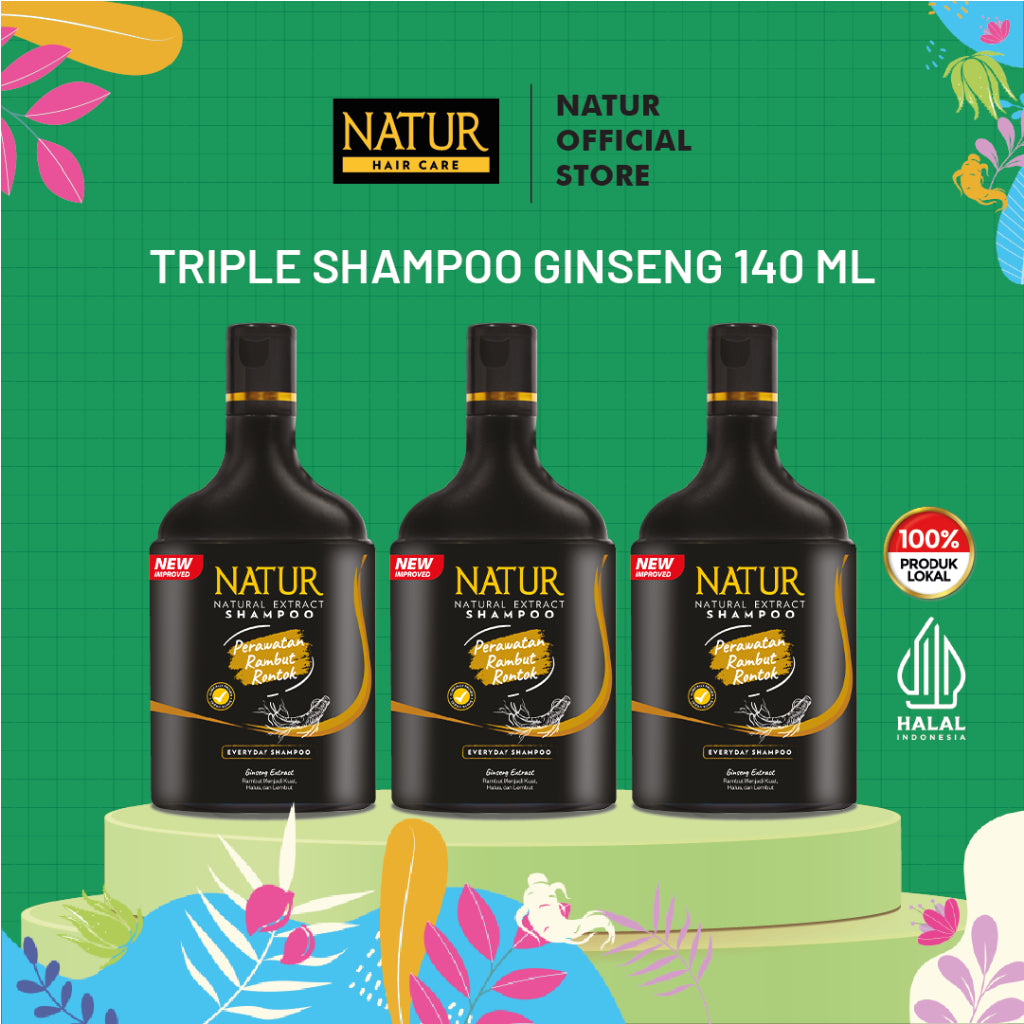 Triple Natur Shampoo Extract Ginseng 140 ml - Paket Sampo Rambut Rontok 3 pcs / Anti Hair Fall / Menguatkan Akar Rambut