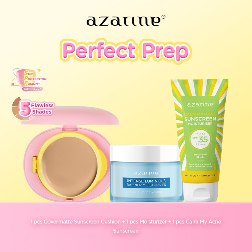 Azarine Perfect Makeup Prep! [3 PCS] Covermatte Cushion + Calm My Acne Sunscreen + Moisturizer Series Pelembab Wajah Cream Gel Facial Moisturizer Instant Moist Mencerahkan Kulit Kusam Berjerawat Sensitif Sunscreen Best Seller untuk Semua