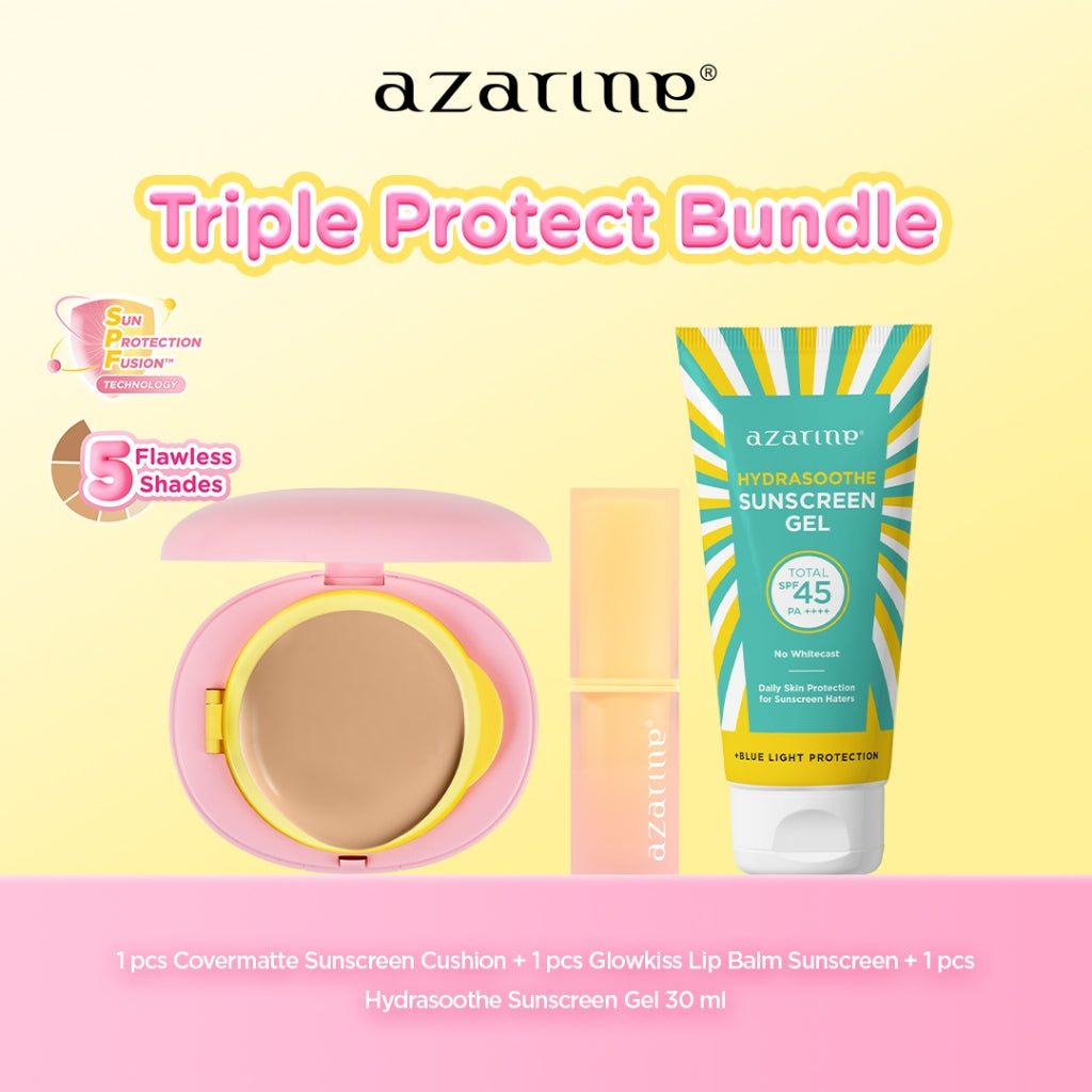 Azarine Triple Protect Bundle Kit [3 PCS] Covermatte Cushion + Sunscreen Best Seller + Glowkiss Lip Sunscreen Pelembab Bibir SPF 35 PA +++ Cushion Tahan Lama Flawless Matte Finish Lightweight Makeup Easy Application Buildable Coverage Sun