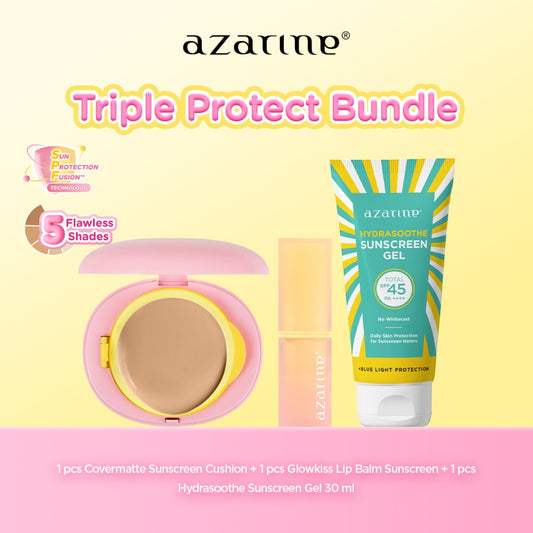Azarine Triple Protect Bundle Kit [3 PCS] Covermatte Cushion + Sunscreen Best Seller + Glowkiss Lip Sunscreen Pelembab Bibir SPF 35 PA +++ Cushion Tahan Lama Flawless Matte Finish Lightweight Makeup Easy Application Buildable Coverage Sun