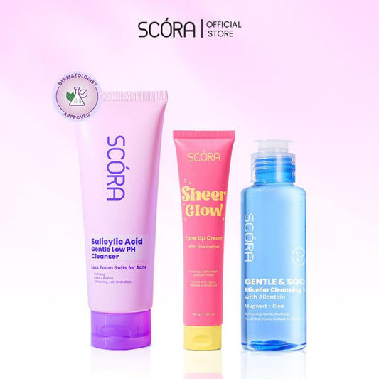 [Clean & Glow Trio] GLOWING & DEEP CLEANSING-SCORA Sheer Glow Tone Up Cream 30 Gr + SCORA Gentle Low pH Cleanser + SCORA Gentle & Soothe Micellar Cleansing Water 100 ml