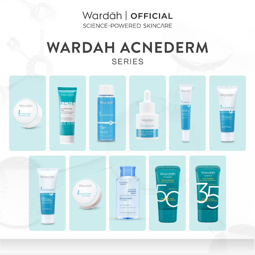 WARDAH Acnederm Acne Care All Series Lengkap - Balm, Salicylic Acid Zinc Acne Clearing Low pH Foaming Cleanser, Pore Refining Toner, Serum, Treatment Gel, Day Moisturizer, Night Treatment Moisturizer, Face Powder, Micellar Water, UV Shield - Skincare