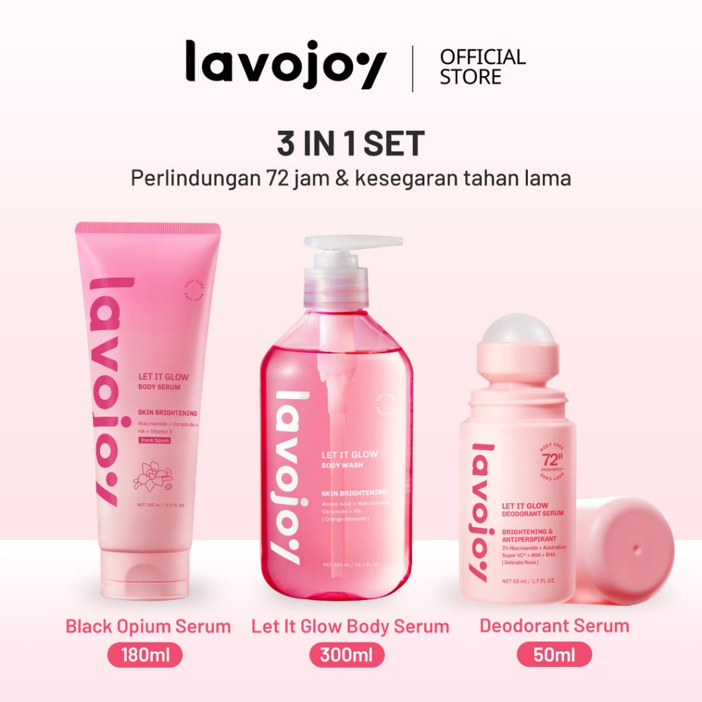 Lavojoy Let It Glow Deodorant Serum - Paket Perawatan Pencerah Ketiak & Kulit Tubuh, 72 Jam Perlindungan Bau & Keringat, Cepat Kering 5 Detik, Aman Kulit Sensitif, Niacinamide + Vitamin C