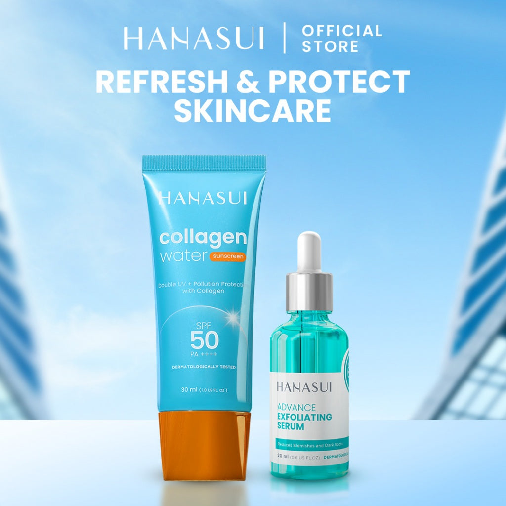 Hanasui Skincare Set | Collagen Water Sunscreen SPF 50 Power Bright Expert Serum Exfoliating Serum Ceramide Probiotics Moisturizer Gel Wajah Mencerahkan