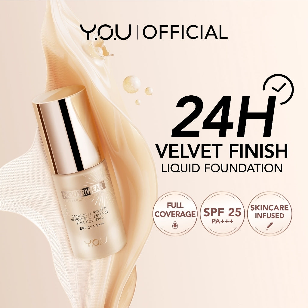 YOU 24H NoutriWear+ Velvet Liquid Foundation SPF Alas Bedak Perawatan Wajah Tahan Lama 24 Jam Full Coverage Kosmetik