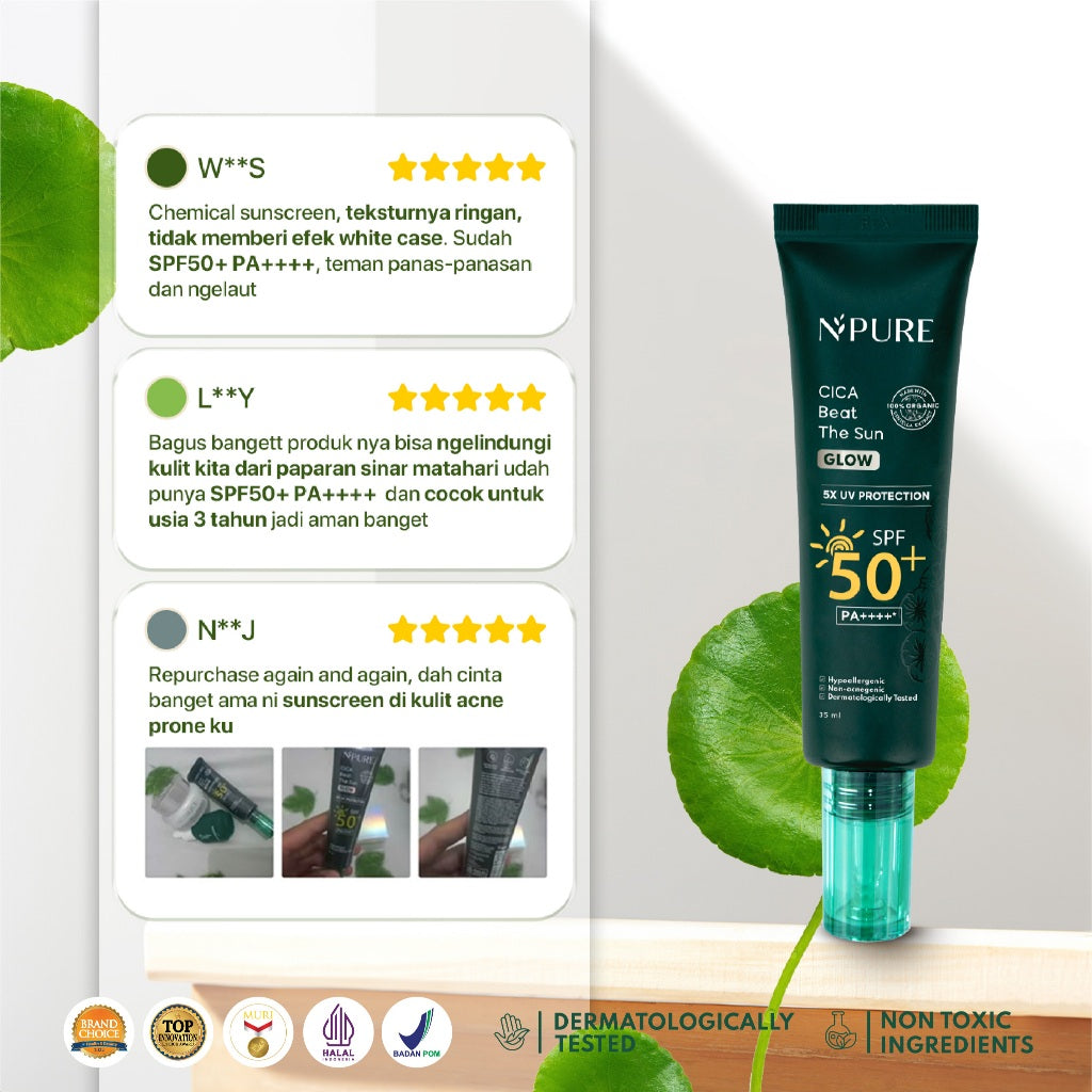 2PCS TWIN PACK SUNSCREEN - NPURE Sunscreen Cica Beat The Sun Glow / Sunscreen Hypoallergenic / SPF 50  PA ++++ / Kulit Kering Jerawat Facial Extract Hitam Vitamin Bruntusan Wajah
