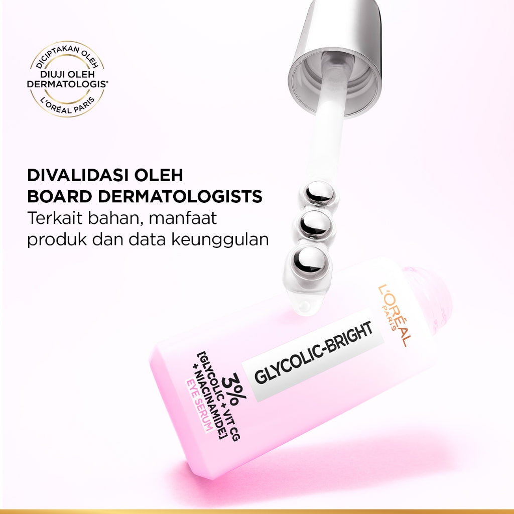 L'Oreal Paris Glycolic Bright Dark Circle Eye Serum 20ml Aplikator Boba - Skincare untuk Samarkan Mata Panda dengan Niacinamide
