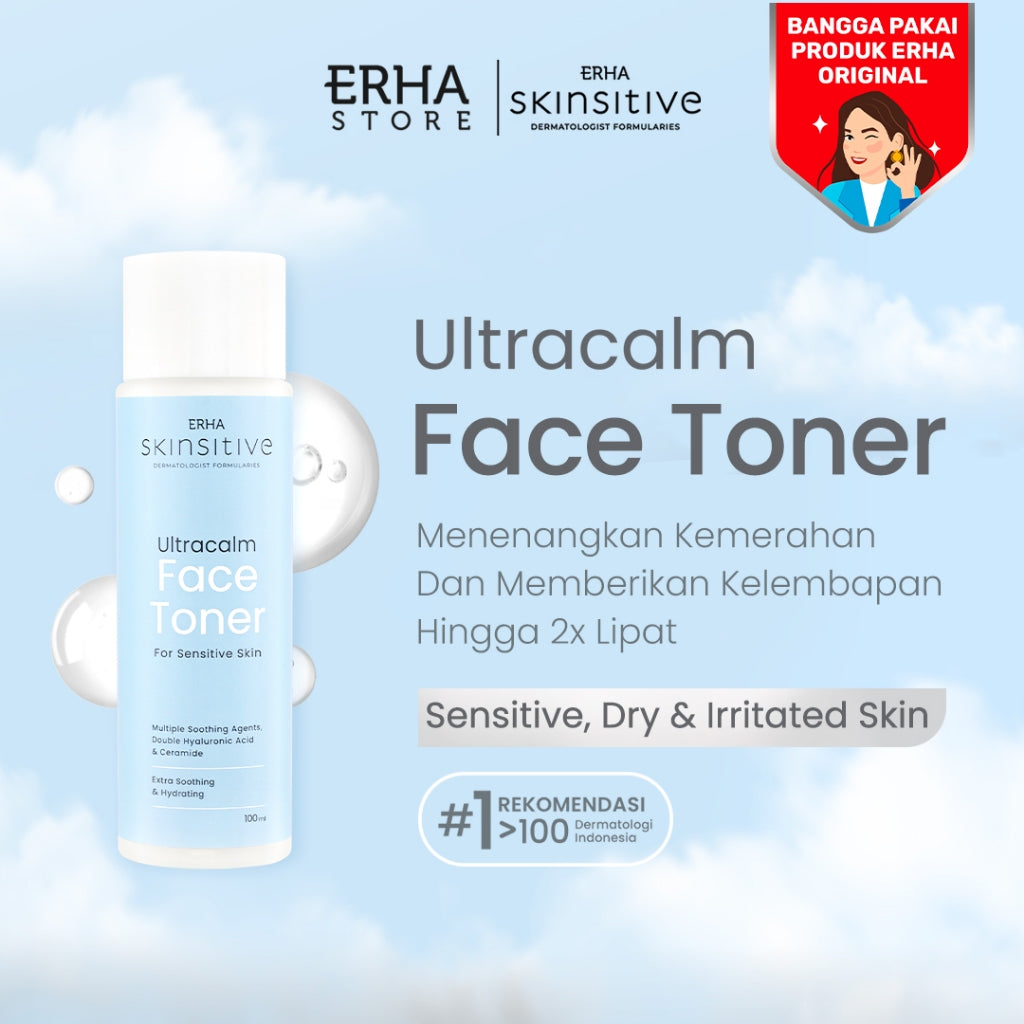 ERHA Skinsitive Ultracalm Face Toner 100g | Hydrating & Calming Toner untuk Semua Jenis Kulit (Normal - Sensitif) | Menenangkan Kulit Kering, Kemerahan, Iritasi | Skin Barrier Lebih Kuat dengan Ceramide, Niacinamide, 7 Calming Agents