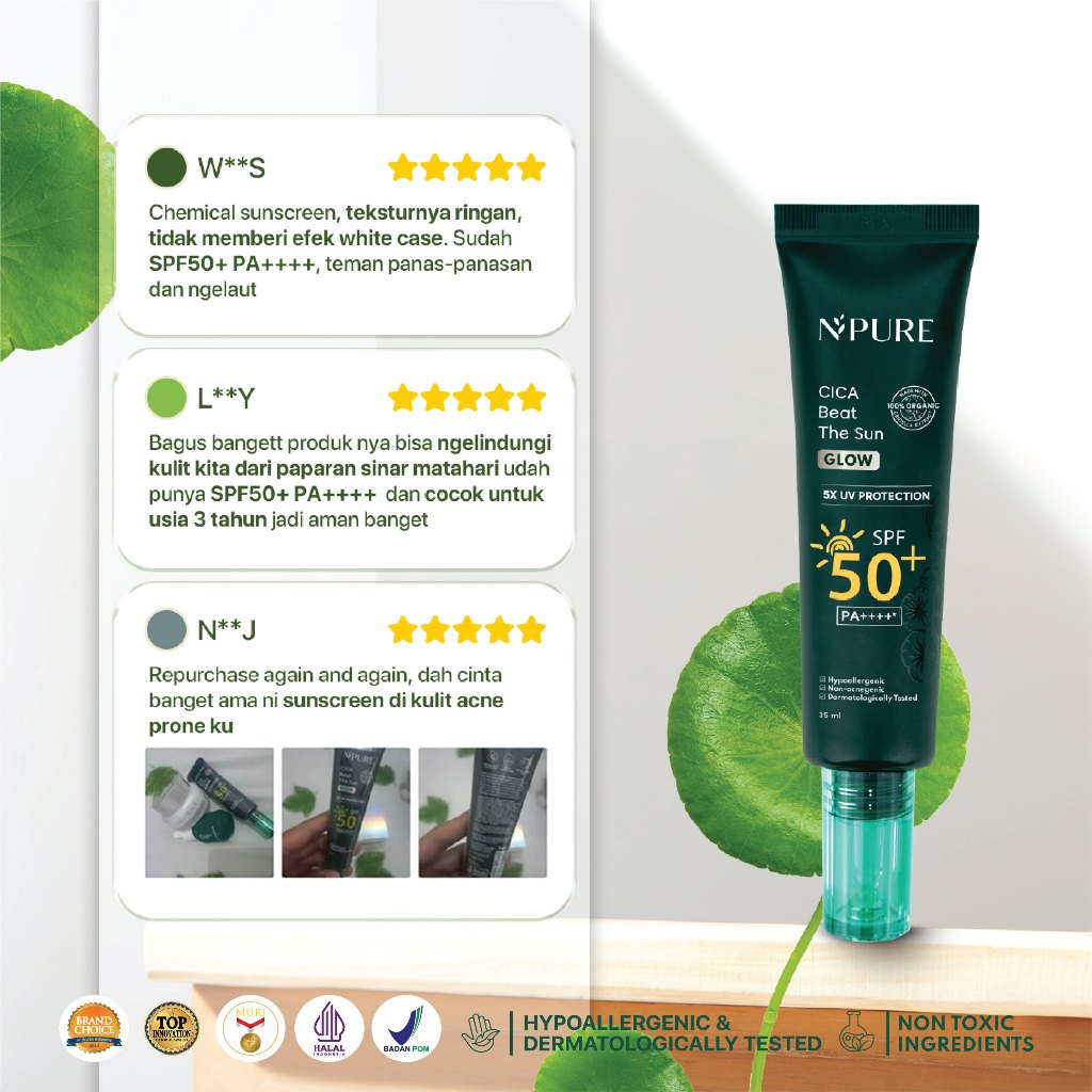 NPURE Sunscreen Cica Beat The Sun Glow / Sunscreen Hypoallergenic / SPF 50 PA++++ / Kulit Kering Jerawat