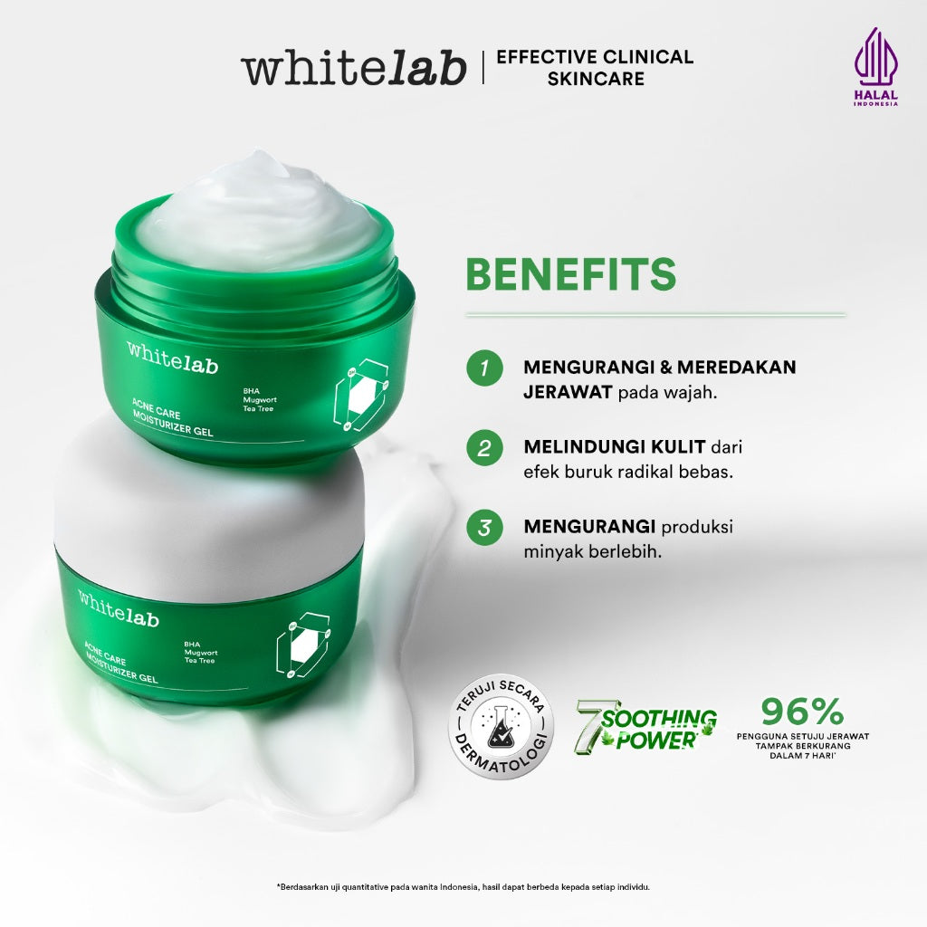 Whitelab Acne Care Moisturizer Gel - Pelembap Kulit Wajah untuk Mengurangi dan Meredakan Jerawat Pagi Malam dengan BHA, Mugwort & Tea Tree [BPOM]