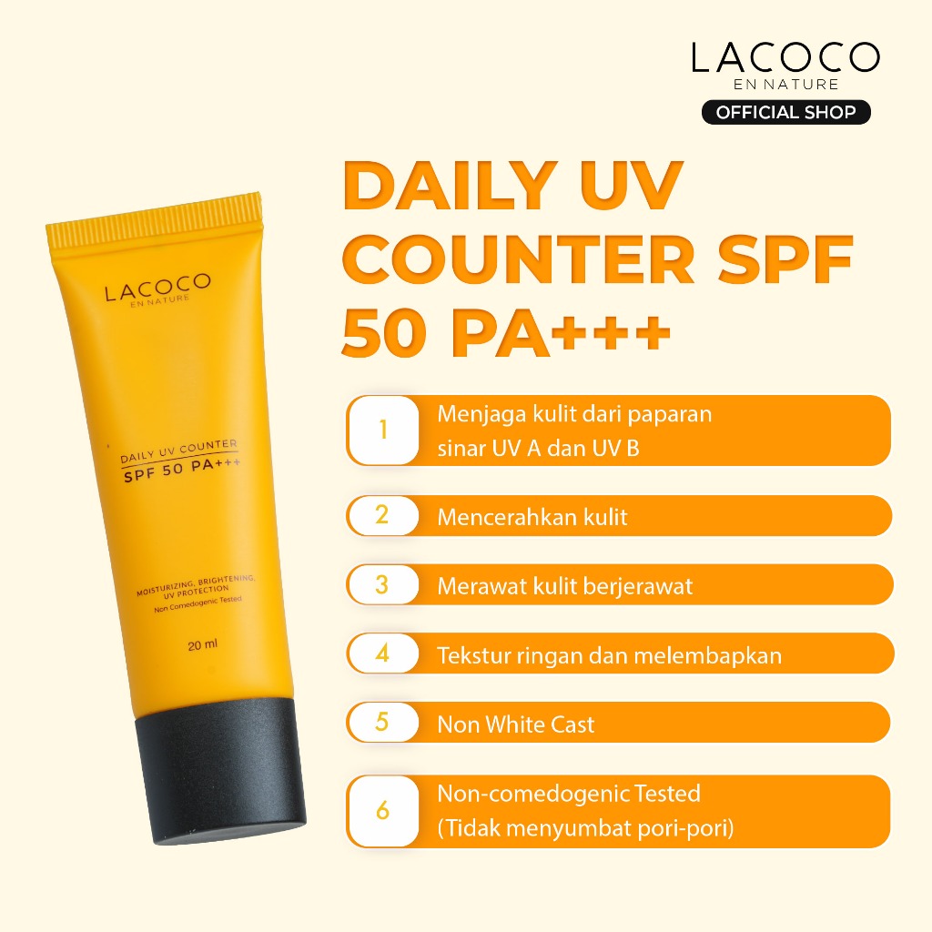 Lacoco Sunscreen Daily UV Counter SPF 50 PA+++ - Sunscreen Non Comedogenic/Melindungi Kulit dari Sinar UV