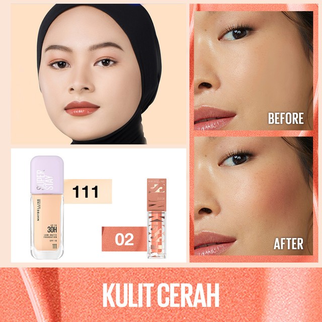 MAYBELLINE OFFICIAL Gold Up Bundle Superstay Lumi Matte Liquid Foundation + Sunkisser Liquid Blush Highlighter | Full coverage transferproof Waterproof ringan makeup tahan lama blendable buildable