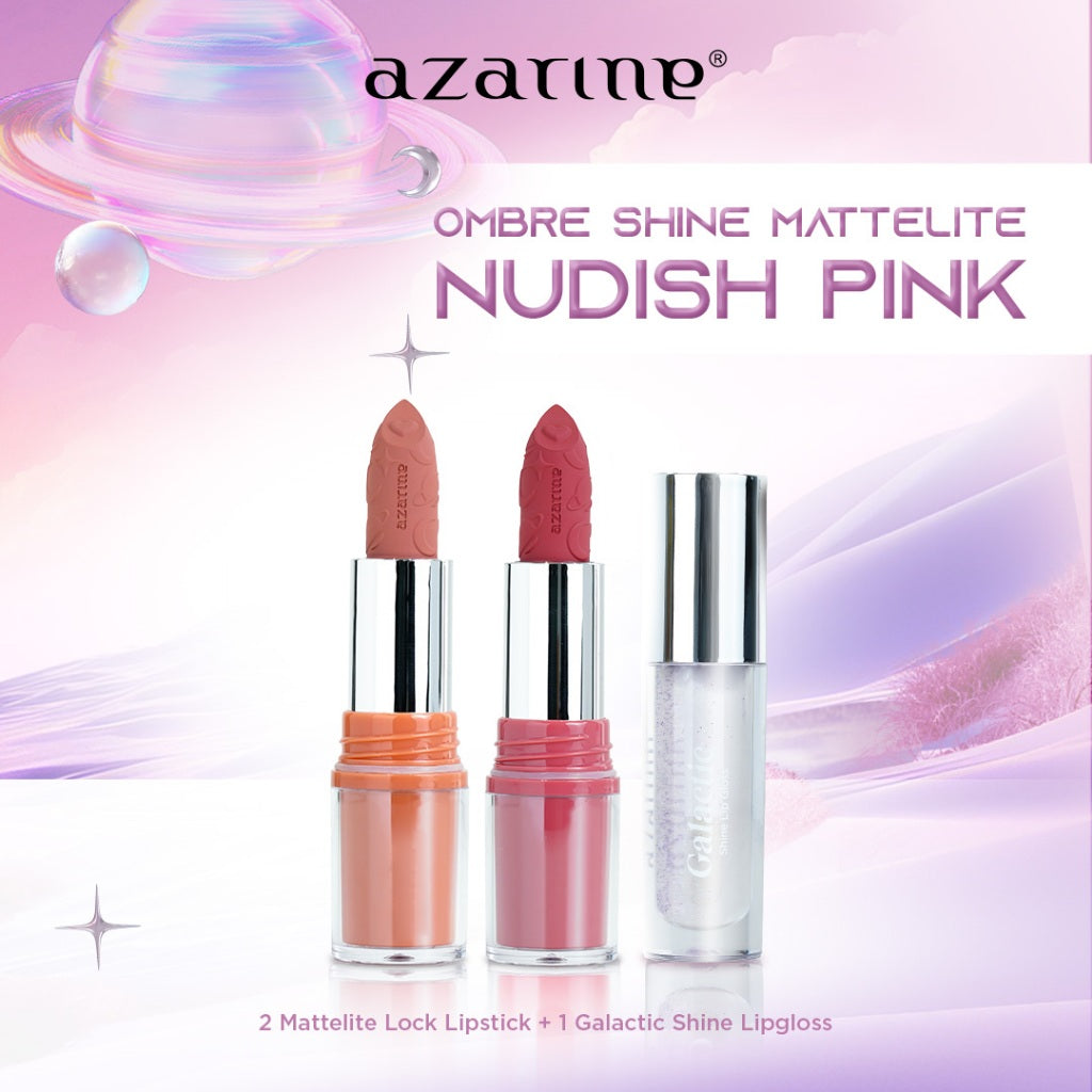 Azarine Ombre Shine Mattelite Kit [3 PCS] Lipstick Matte with Pigmented Color Lightweight Transferproof Smugeproof Galactic Shine + Lip Gloss Hydrating Plumpy Effect Glittery Look Tahan Lama