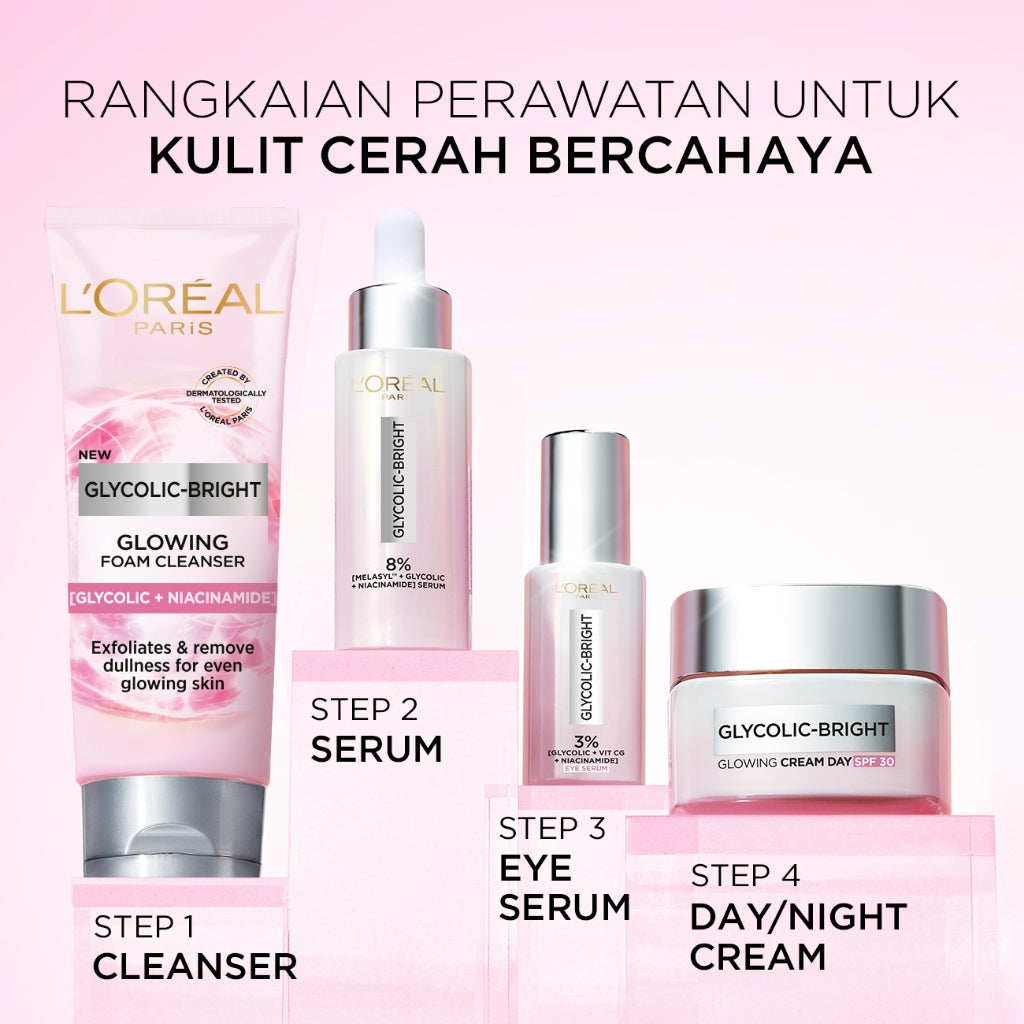L'Oreal Paris Glycolic Bright Dark Circle Eye Serum 20ml Aplikator Boba - Skincare untuk Samarkan Mata Panda dengan Niacinamide