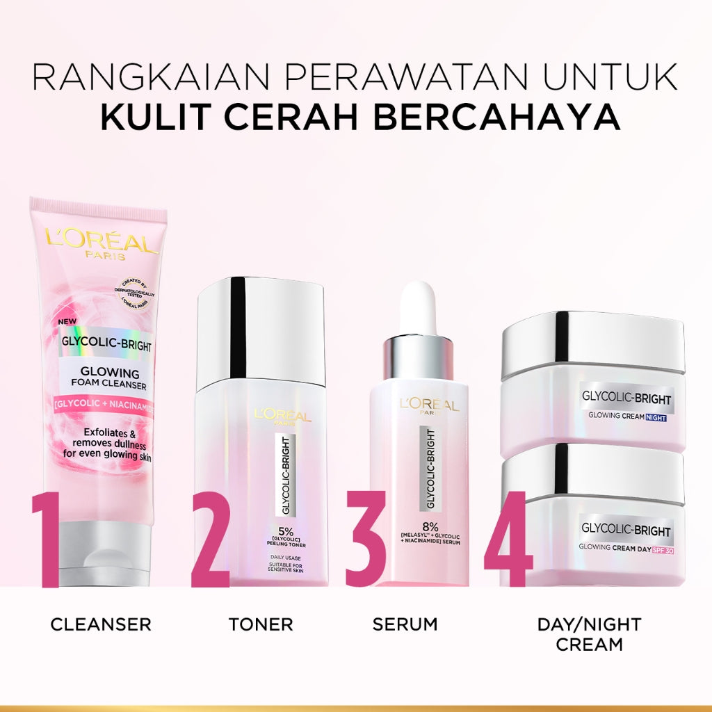 L'Oreal Paris Glycolic Bright Daily Cleanser Foam - 50/100ml Skin Facial Wash Loreal Glyco Acid AHA Exfoliating Anti Dark Spot Wajah Peeling Muka
