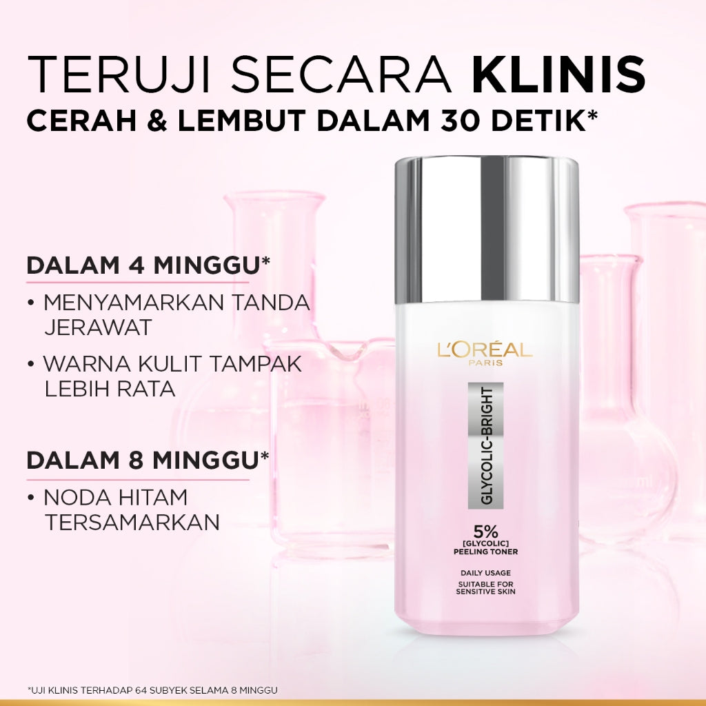 L’Oreal Paris Glycolic Bright Peeling Toner - 25 (Kulit Cerah, Halus dan Glowing dalam 30 detik)  Kulit Kusam, Noda Hitam, Bekas Jerawat, Eksfoliasi  Brightening