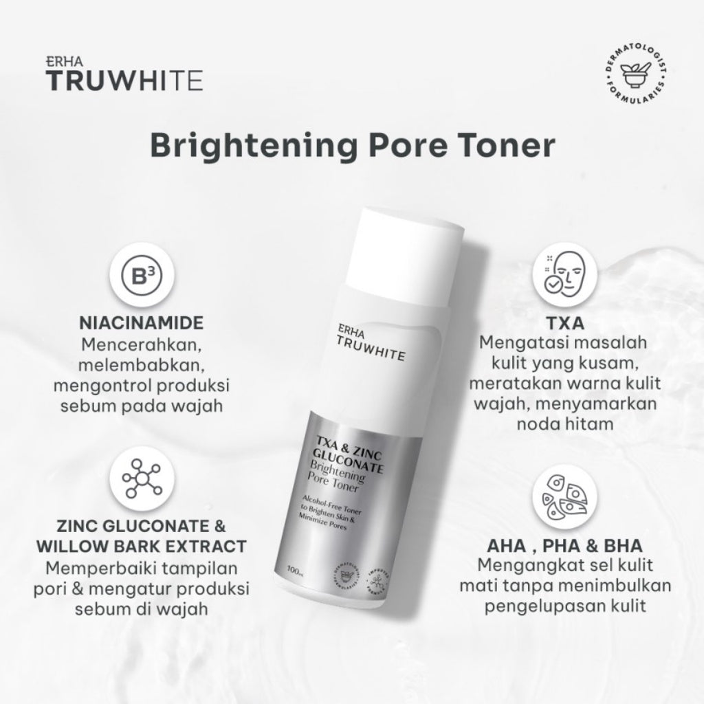 ERHA Truwhite Brightening Pore Toner 100 mL with 2% Zinc Gluconate, Tranexamic Acid & Niacinamide - Toner Pencerah Wajah yang Kuat serta Efektif Kecilkan & Samarkan Pori dengan AHA PHA dan Alkohol Free