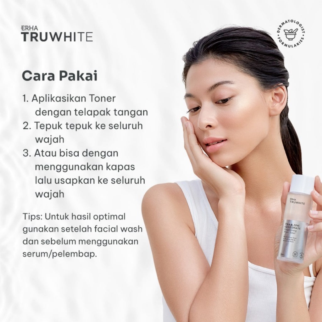 ERHA Truwhite Brightening Pore Toner 100 mL with 2% Zinc Gluconate, Tranexamic Acid & Niacinamide - Toner Pencerah Wajah yang Kuat serta Efektif Kecilkan & Samarkan Pori dengan AHA PHA dan Alkohol Free