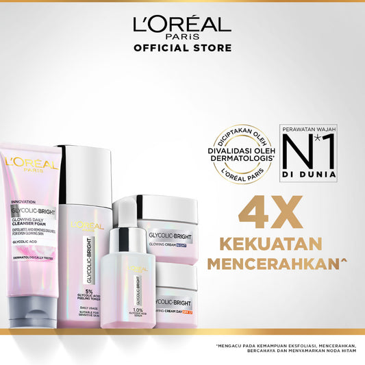 L'Oreal Paris Glycolic Bright Glowing Skincare Set Mencerahkan - Facial Foam 50 ml, Toner 65ml, Serum 15ml, Day & Night Cream 15ml
