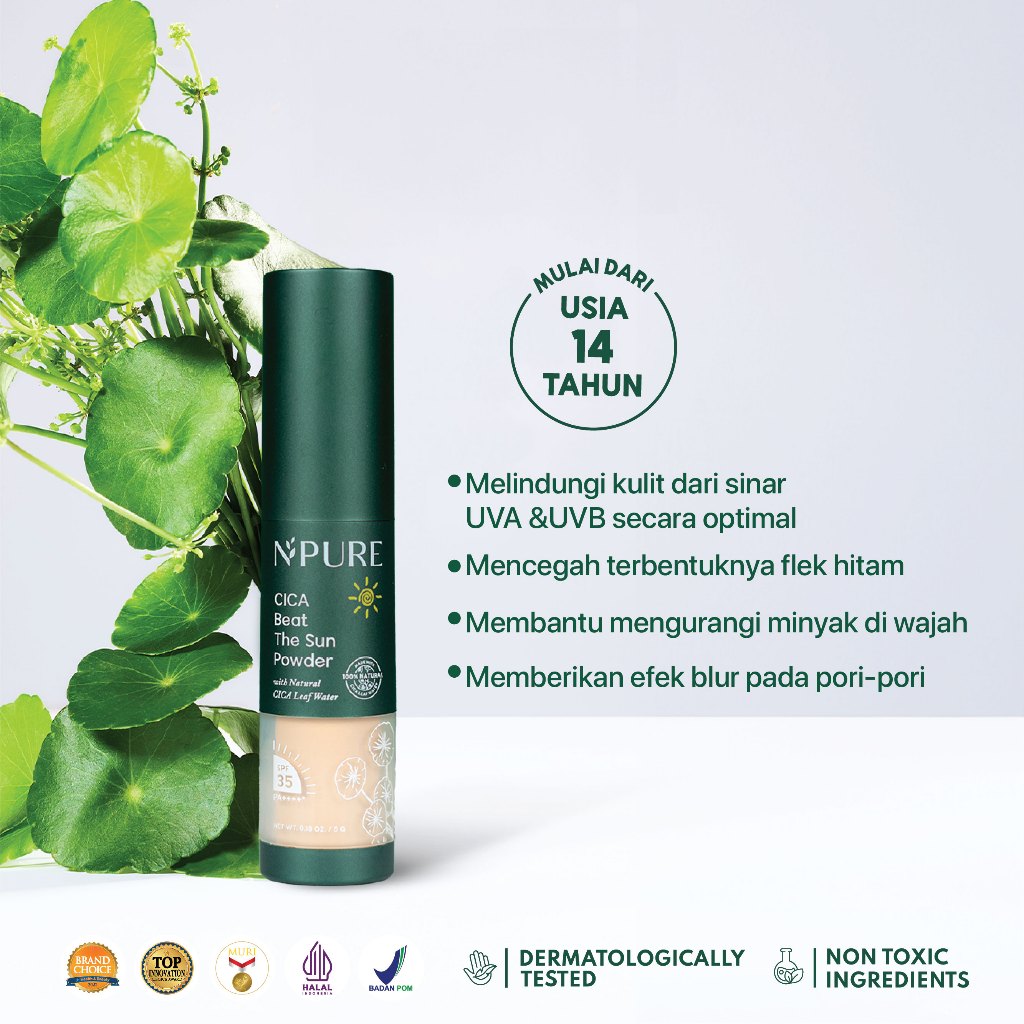 NPURE Sunscreen Powder Cica / Beat the Sun Powder / Sunscreen Bedak & Brush / Bedak Bebas Kilap Minyak