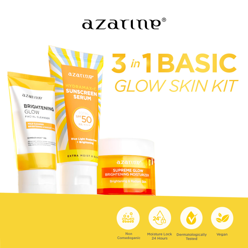Azarine Basic Glow Skin Kit [3 pcs] Paket Basic Skincare Mencerahkan Proteksi sinar UV Hydramax-C Sunscreen Kulit Kering Brightening Glow Face Wash Supreme Glow Moisturizer