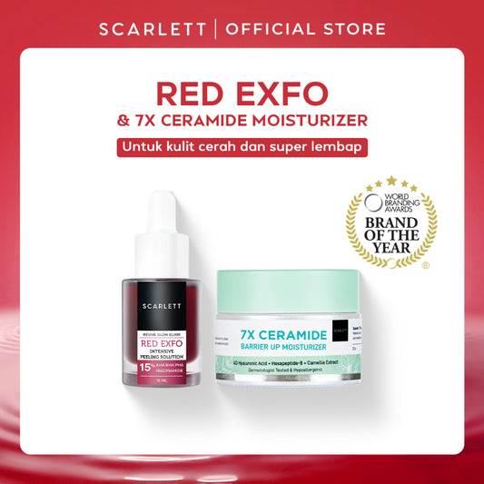 SCARLETT Bundle 2in1 Glowing Set - Red Exfo Intensive Peeling Solution + 7x Ceramide Moisturizer Eksfoliasi Wajah dengan 15% AHA BHA PHA 5% Niacinamide dan Skin Barrier Moisturizer untuk Memperbaiki Skin Barrier