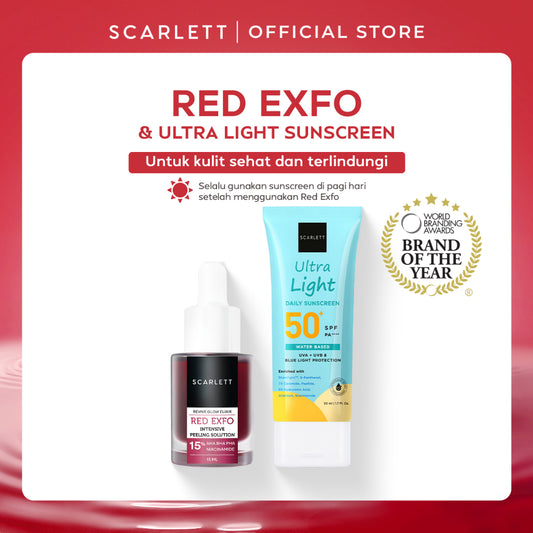 Scarlett Whitening Revive Glow Elixir Red Exfo Intensive Peeling Solution & Ultra Light Daily Sunscreen 50ml