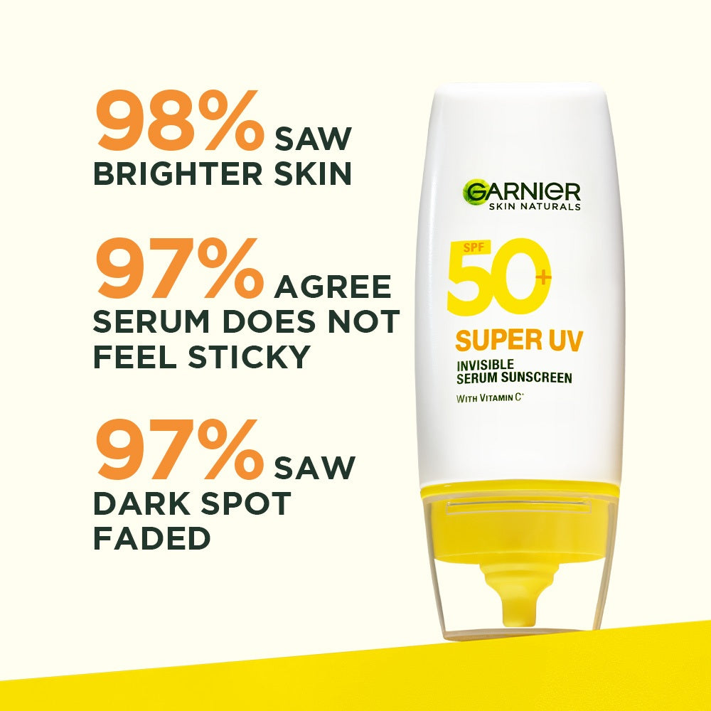 GARNIER Super UV Invisible Serum Sunscreen SPF 50+ PA++++ Vitamin C Skincare - 30ml Sunblock Mencerahkan Wajah sunscreen spf 50 pa ++++