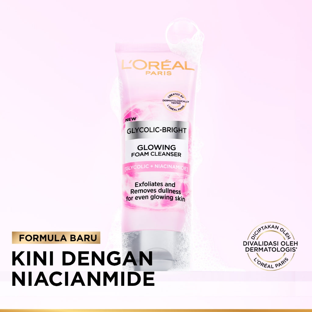 L'Oreal Paris Glycolic Bright Daily Cleanser Foam - 50/100ml Skin Facial Wash Loreal Glyco Acid AHA Exfoliating Anti Dark Spot Wajah Peeling Muka