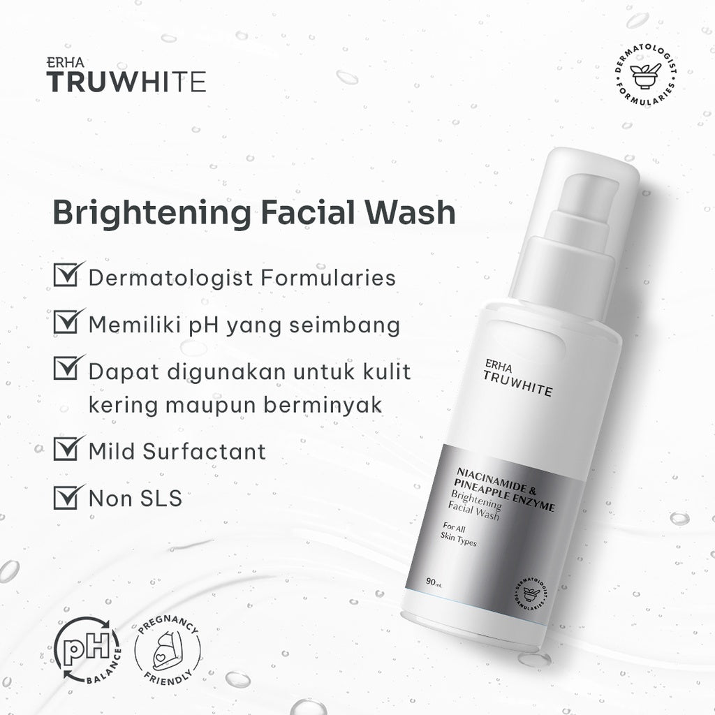 ERHA Truwhite Brightening Facial Wash 90 ml with Niacinamide & Pineapple Enzyme - Face Wash / Sabun Cuci Muka Pencerah Wajah dengan Gentle Exfoliator Tanpa Rasa Ketarik Non SLS & PH Balance