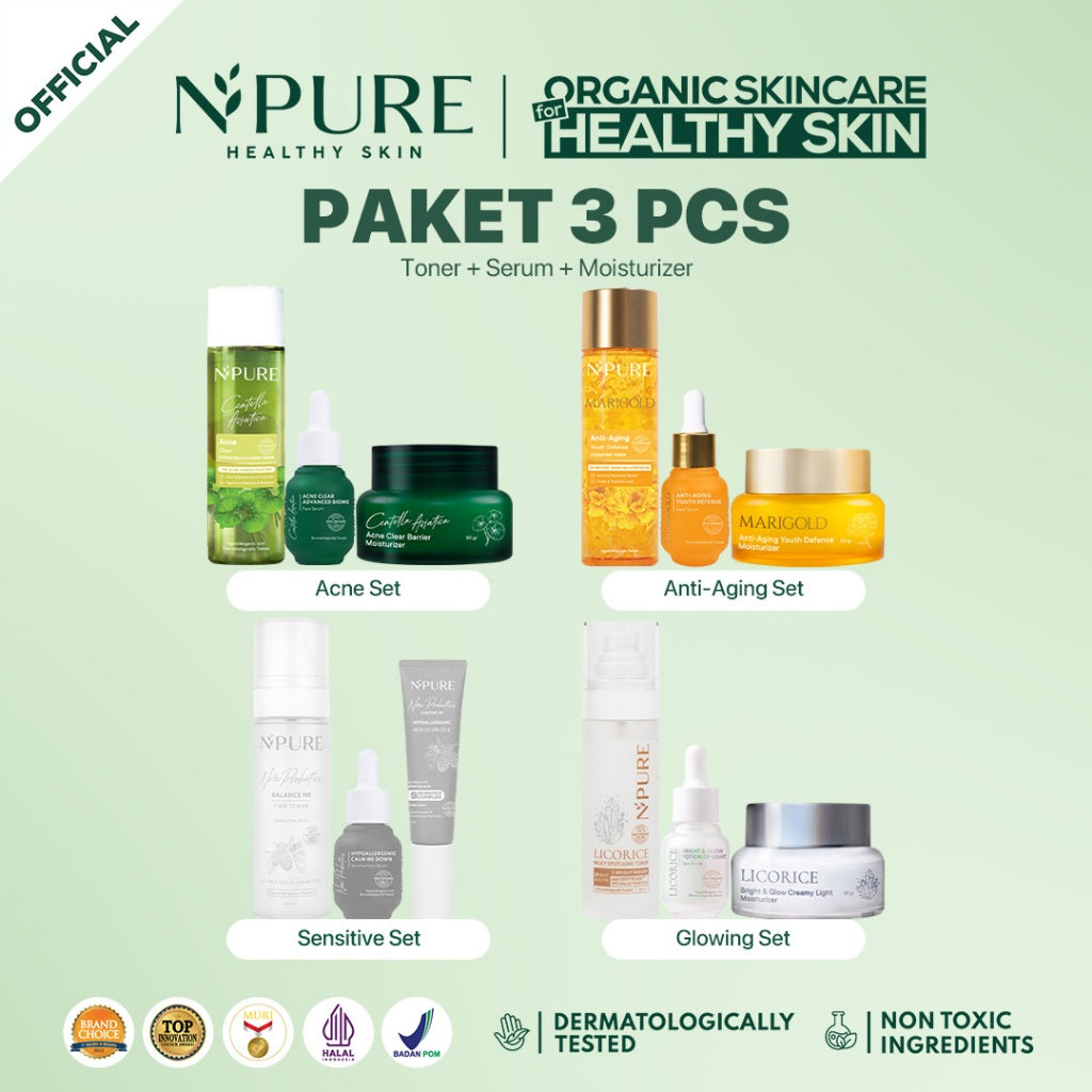 PAKET HEMAT 3PCS - NPURE BUNDLING Toner + Serum + Moisturizer / Cica Acne Care / Licorice Mencerahkan / Marigold Anti-Aging / Noni Skin Barrier - Sensitive skin / Kit Perawatan Kulit