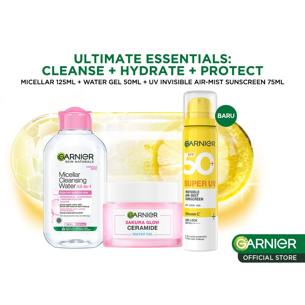 (PAKET HEMAT ISI 3) GARNIER Super UV Invisible Air-Mist Sunscreen Spray SPF 50+ PA++++ Micellar Pink Sakura Glow Water Gel Skin Barrier Repair Daily Cleanser Moisturizer Protection Essentials Bundle - 75 ml + 50 ml + 125 ml